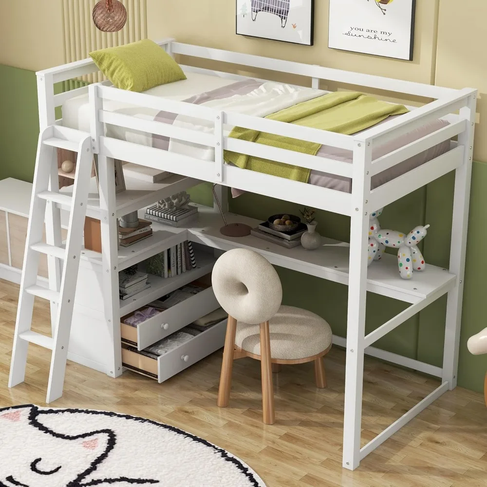 Full Size Loft Bed with Desk Solid Wooden Loft Bed Frame with Two Built Drawers and Shelves, High Loft Bed with Safety Guardrail