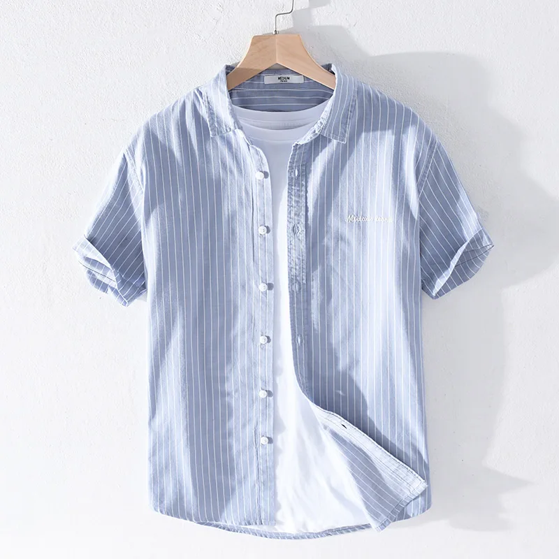 Summer Thin Pure Cotton Casual Shirt Men's Short Sleeve Striped Embroidery Oxford Cloth Fashion Urban Loose Fit White Shirt