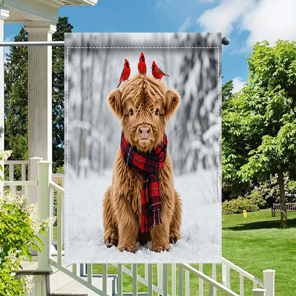 1pc Winter Highland Cow Garden Flag, printed on both sides, perfect for patio and outdoor holiday decor (pole not included)
