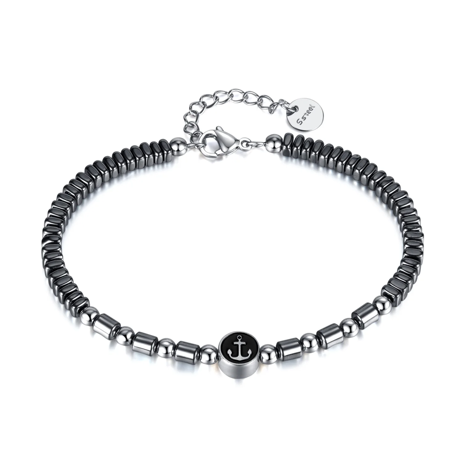 

Men’s Anchor Bracelet with Black Agate Stone – Vintage Stainless Steel Nautical Wristband, Retro Street Style Jewelry