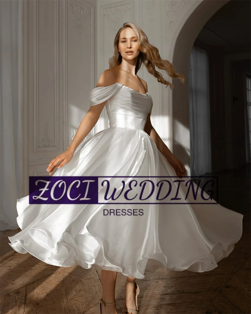 Zoci Luxury Off Shoulder Wedding Dresses Customized Pleat Strapless Tea Length Bride Dress Princess Draped Backless Bridal Gown