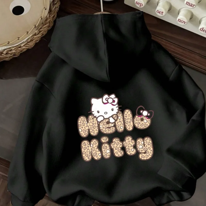

Толстовка с леопардовым принтом Hello Kitty, повседневная флисовая мужская и женская теплая осенне-зимняя новая быстросохнущая толстовка
