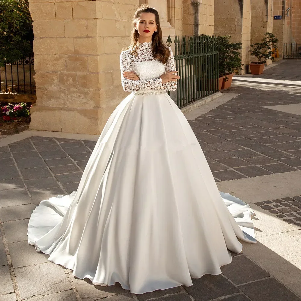 Customzied High Neck Lace Satin Wedding Dresses With Long Sleeves Beaded  Sash Bridal Gowns Vestido De Noiva
