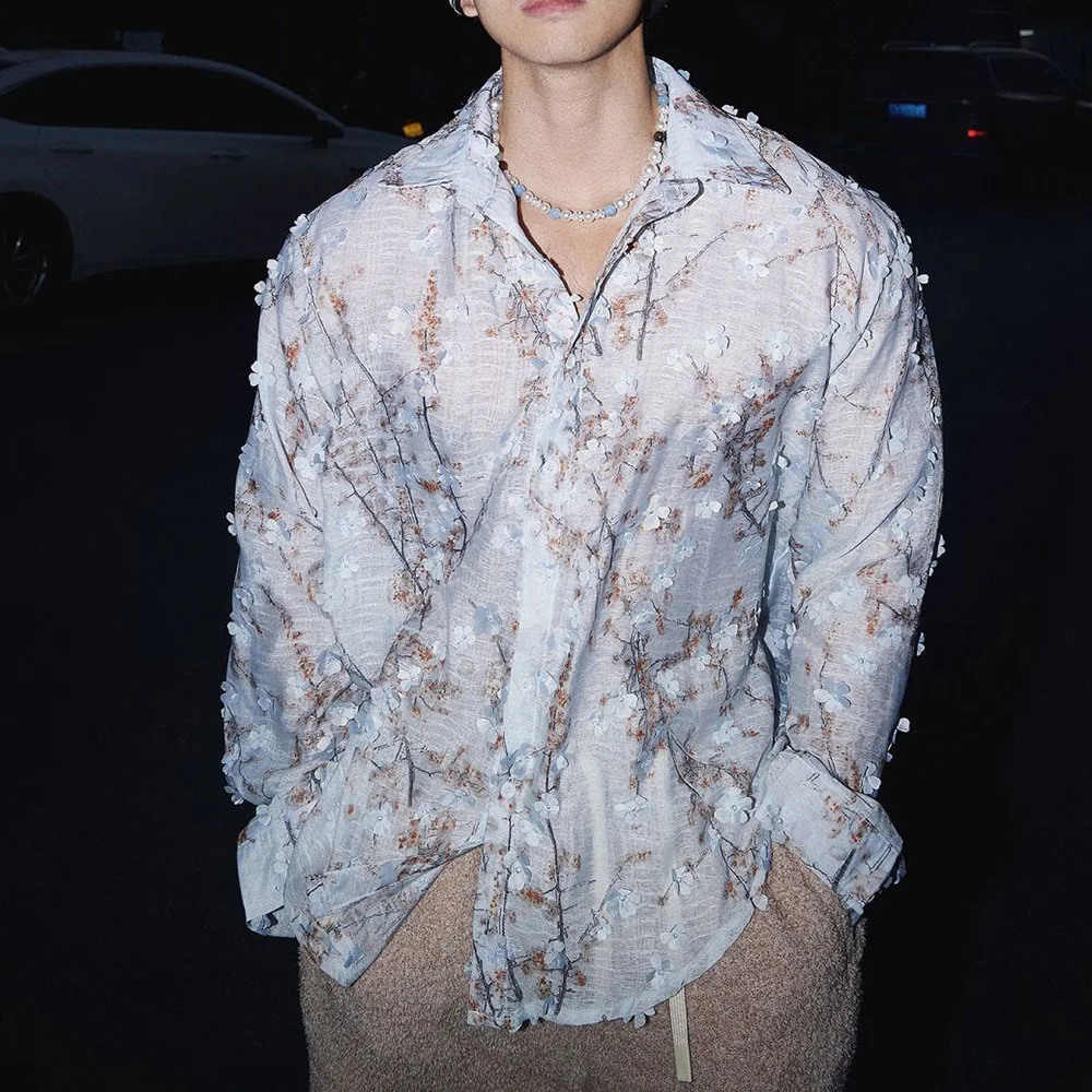 

2025 Summer New Men's Flower Print Thin Long Sleeve Shirt Light Luxury Retro Fashion Trend Casual Loose Breathable Men's Tops