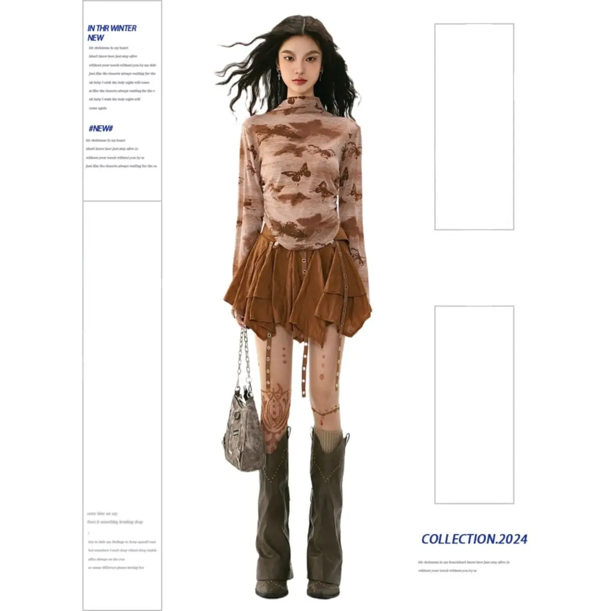 Retro Irregular Ruffled Skirt Y2k American Hot Girl Sexy Women Ribbon Pleated Short Skirt Maillard Color High Street Design