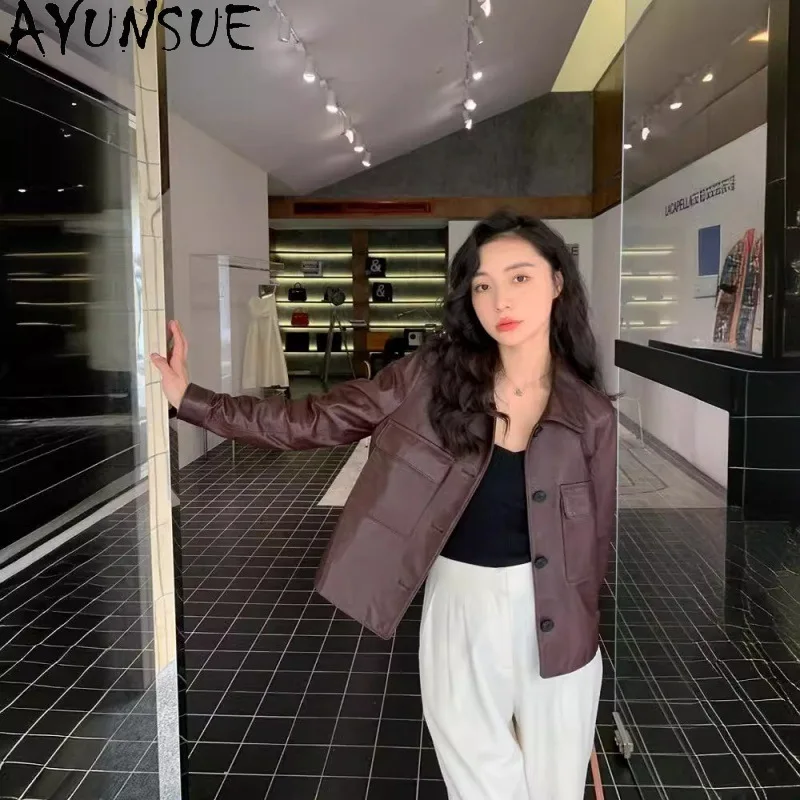 AYUNSUE Echtlederjacke Damen 2025, echtes Schaffell, Damenjacken, Frühlings-Herbstkleidung, pflanzliches Bräunung, Mohamedха Ж 2019
