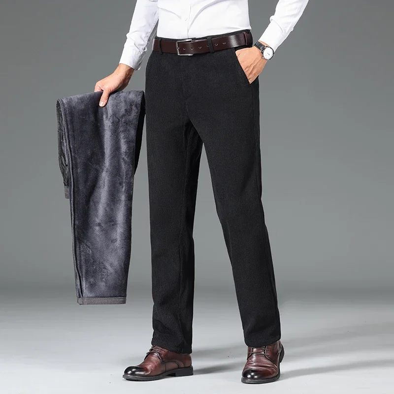 Corduroy Plush Velvet Casual Pants Men\'s Winter Thicken Warm Classic Straight Business  Fleece Thermal Trousers Brand Clothes