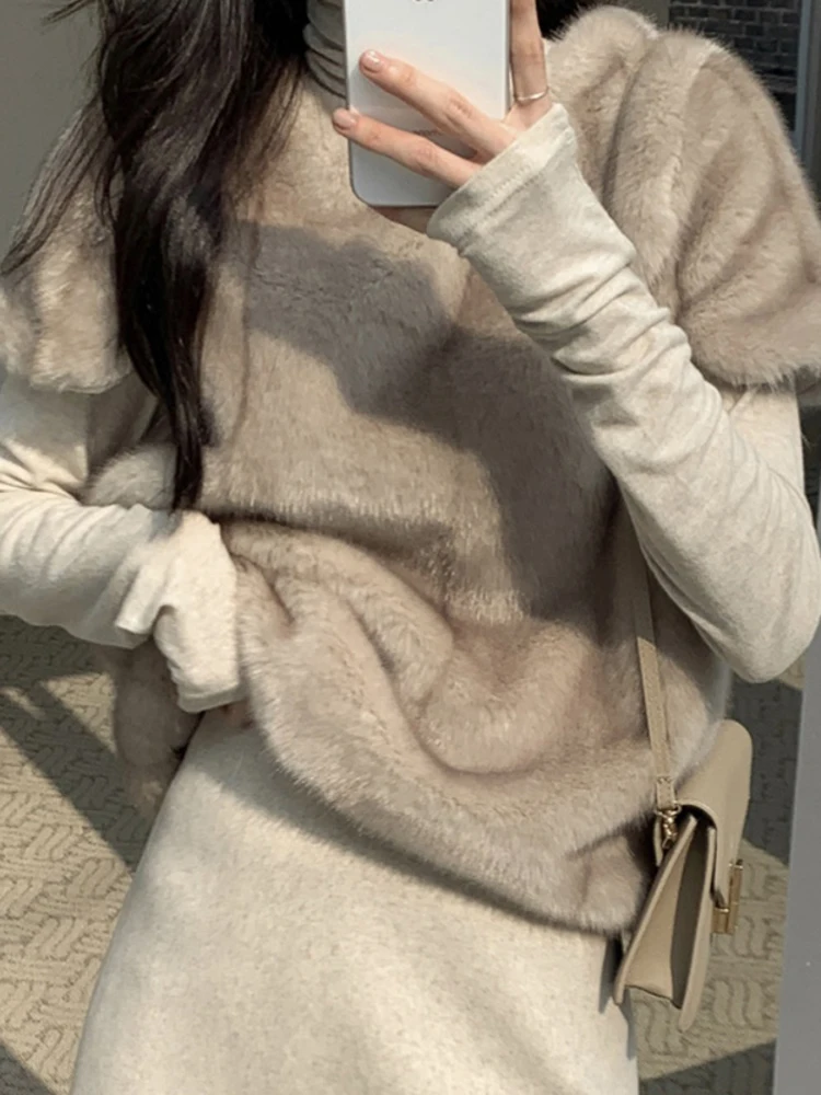 Korea Chic Solid Simple Faux Fur Short Sleeve Pullover Tops Casual Loose High Quality Plush Women Clothes Autumn  X463