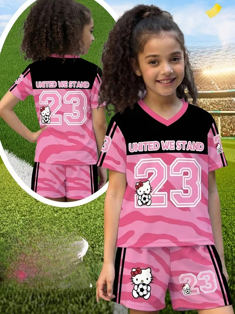 

New Hello Kitty Children's T-shirt and Shorts Set Breathable Design 3D V Neck Adult Parent Child Outdoor Activities Daily Wear