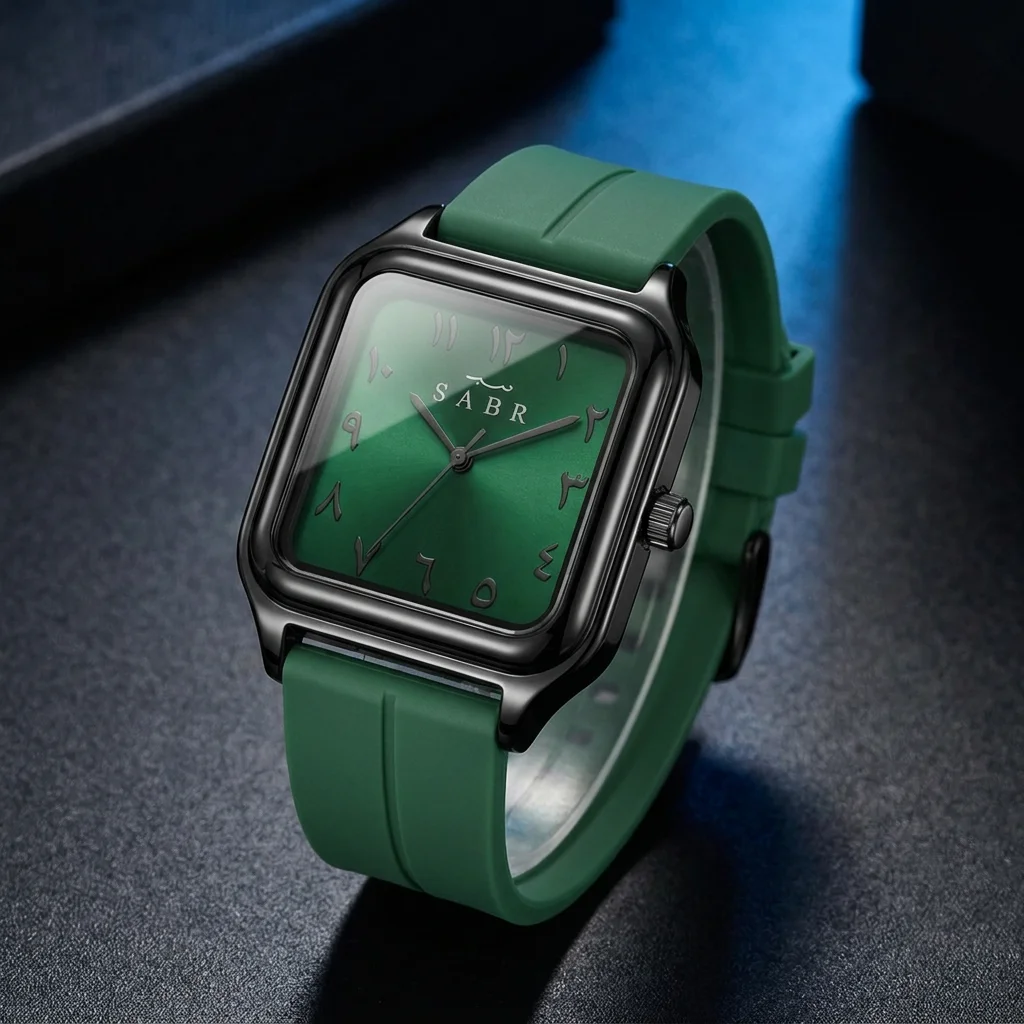 SABR Unisex Fashion Square Alloy Watch Green Silicone Strap Unique Dial Design Wristwatch