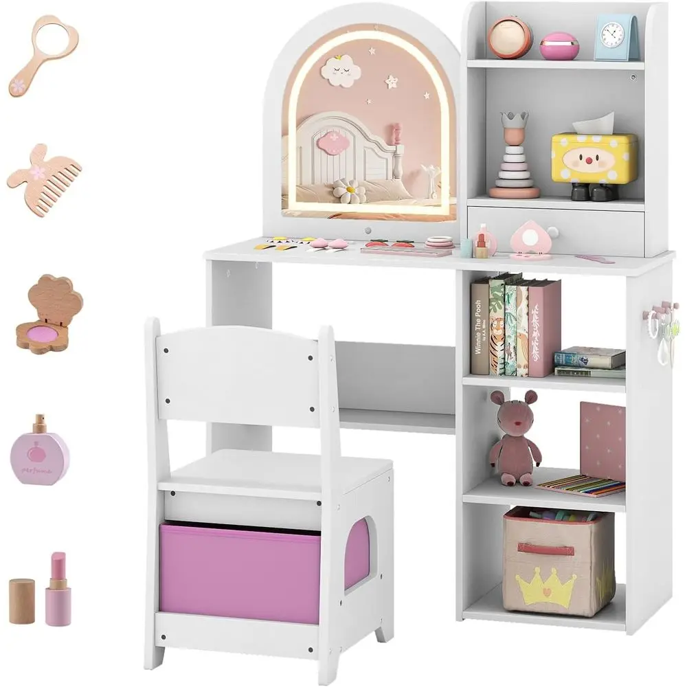 

White Wooden Kids Vanity Table Set with Lighted Mirror, Storage, Hooks, and Shelves