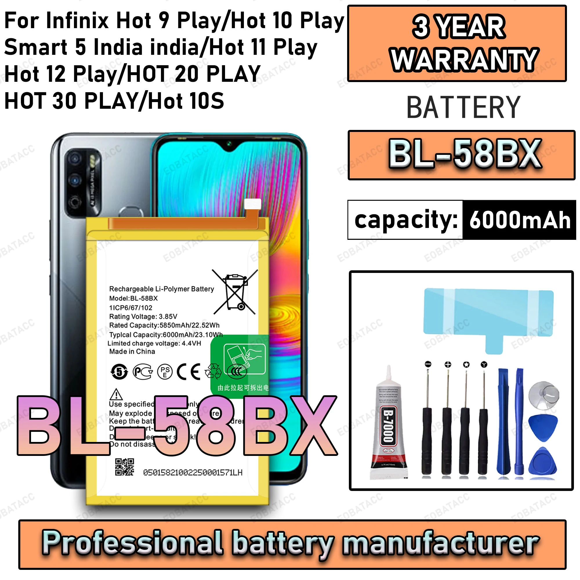 بطارية BL-58BX جديدة لعام 100% لهاتف انفينيكس هوت 9 بلاي/هوت 10 بلاي/هوت 11 بلاي/هوت 12 بلاي/هوت 20 بلاي باتريا + أدوات مجانية