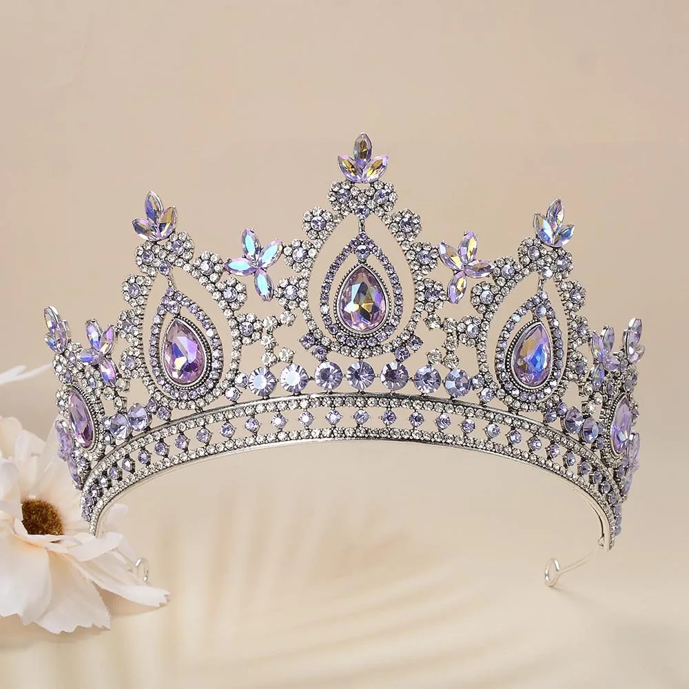 Baroque Antique Silver Color Bling Purple Crystal Royal Crowns Bridal Tiaras Rhinestone Pageant Diadem Wedding Hair Accessories