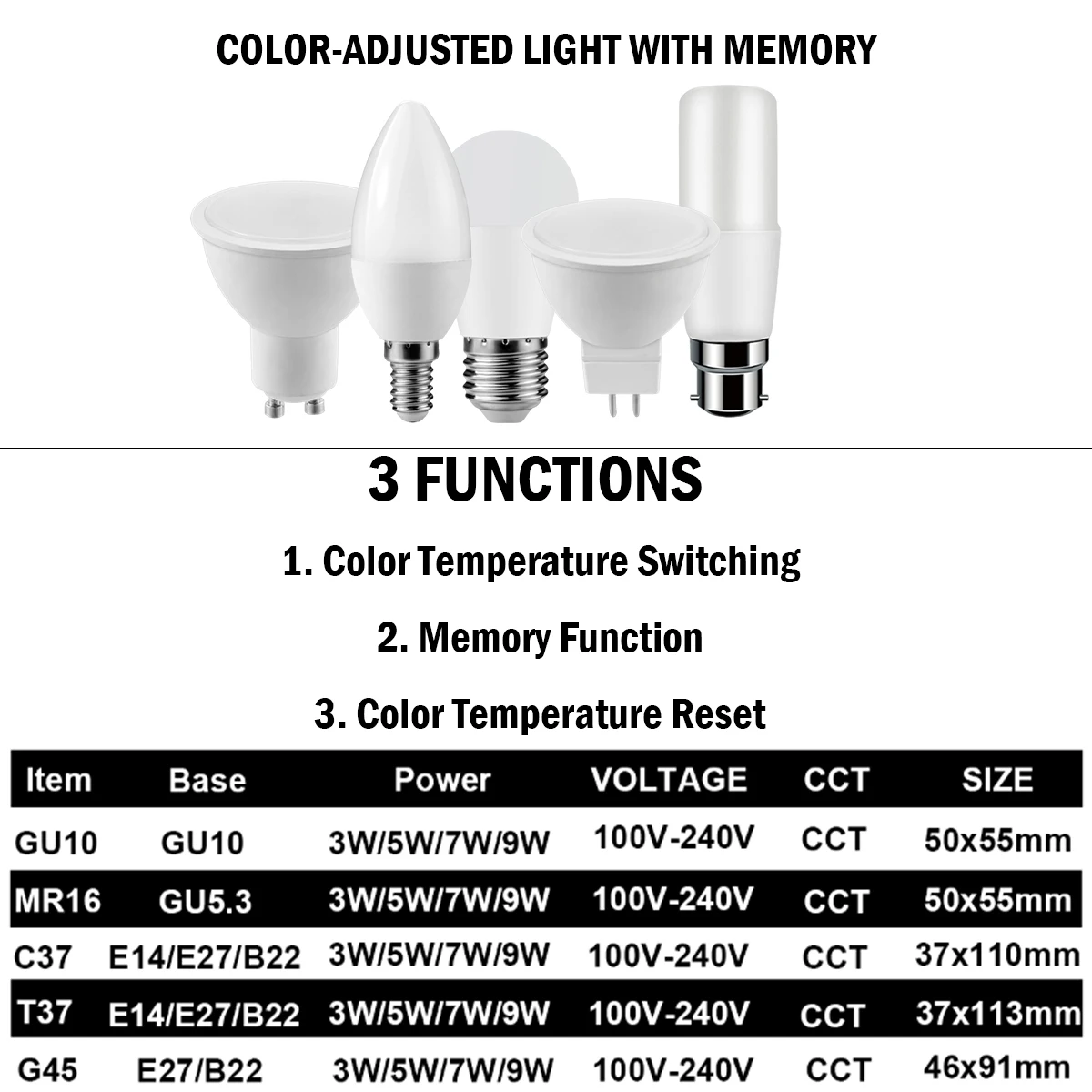 색상 조정 LED 조명, 메모리 기능, 실내 조명용 색상 온도 재설정 조명, 100V-240V, 3W-9W CCT, 5 개, 10 개, 15 개, 20 개