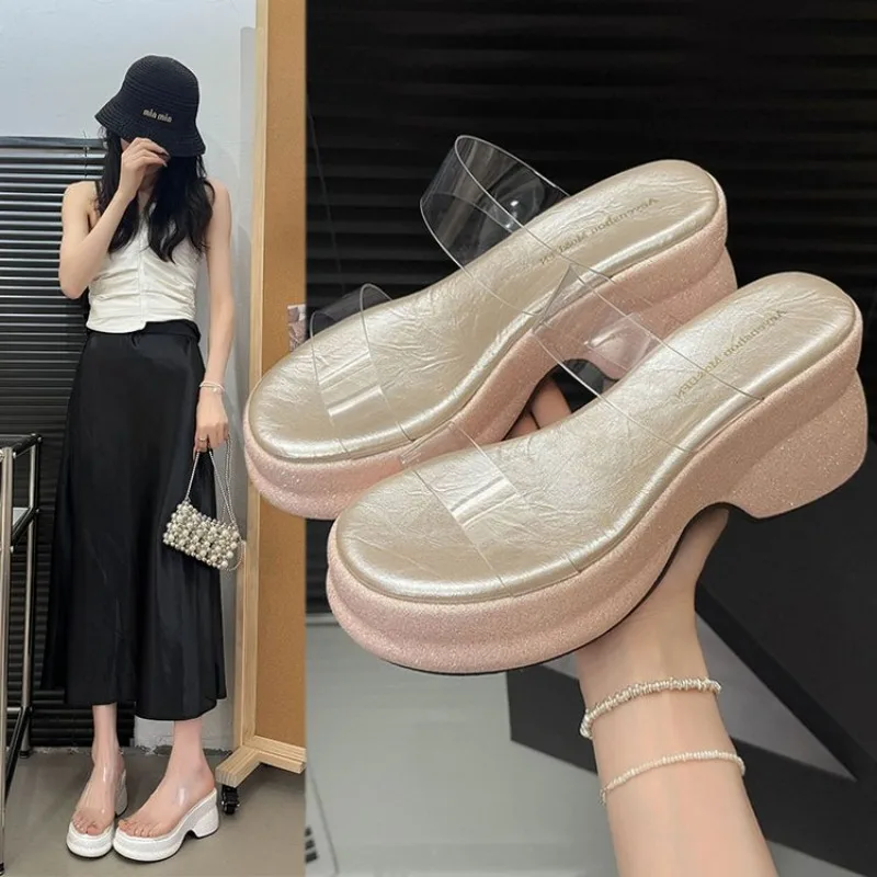 

Chunky Heeled Slippers Platform Block Heels Sandals Women Beach Shoes Summer Clear Sandals 2025 Sapatos De Mujer Fashion Casual
