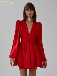 Clacive-vestido de satén rojo suelto para mujer, con cuello en V profundo minivestido Sexy, manga abombada, elegante, cintura alta, plisado