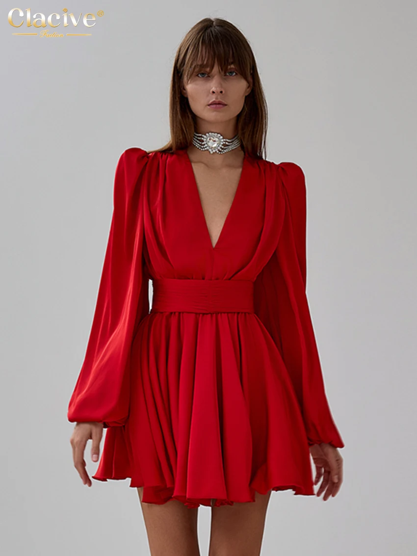 Clacive Fashion Loose Red Satin Women's Dress Sexy Deep V-Neck Puff Sleeve Mini Dresses Elegant High Waist Pleated Female Dress