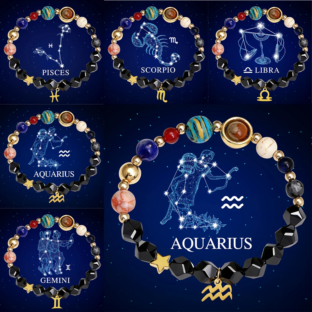 Solar System 12 Constellation Bracelet Natural Stone Bead Black Stone Bracelet Planetary Design Bracelet Fashion Daily Wear