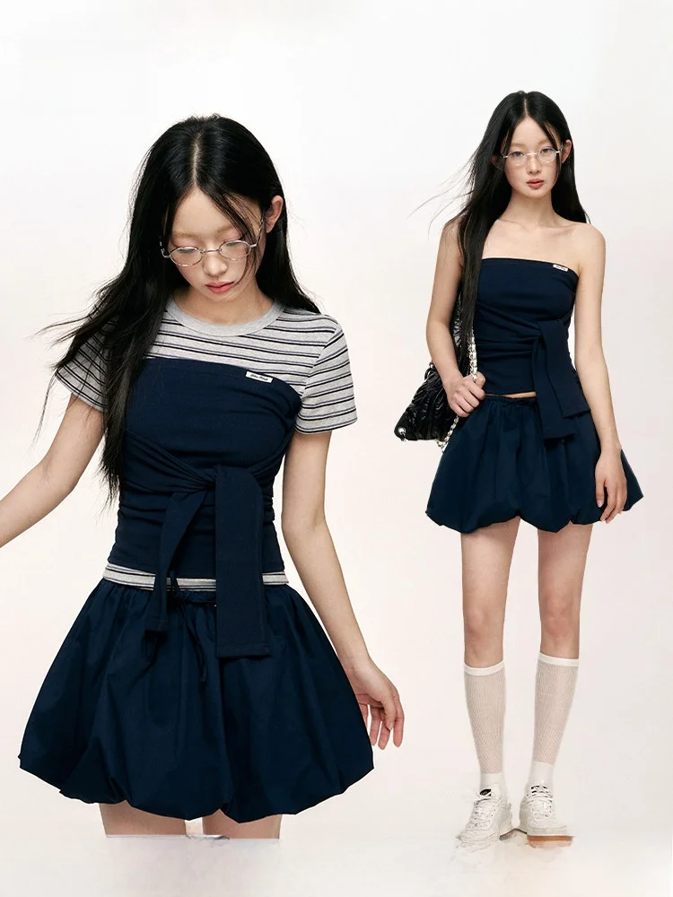 

Юбка Liilou Bubble Girl с бантом и плиссировкой в форме бутона, с завышенной талией, из смесового хлопка, весна 2025, женская мода