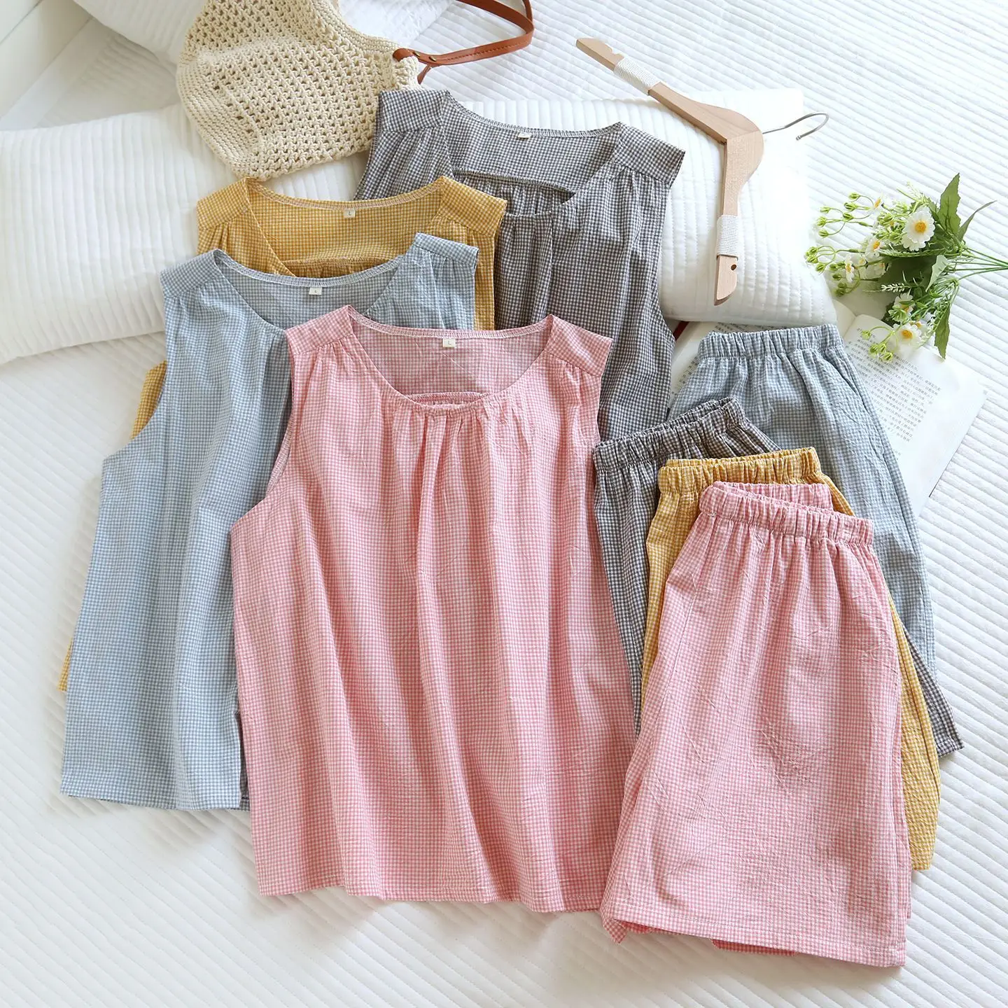 

Women's Summer Pajama Set Plaid Print Cotton Vest Shorts Two Piece Loose Home Clothing Set Sleepwear Ladies
