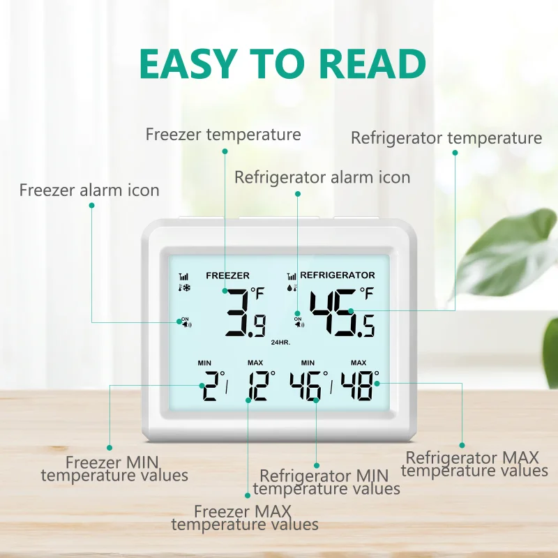 

Digital Refrigerator Thermometer Wireless Freezer Thermometer Fridge Temperature Monitor with 2 Sensor