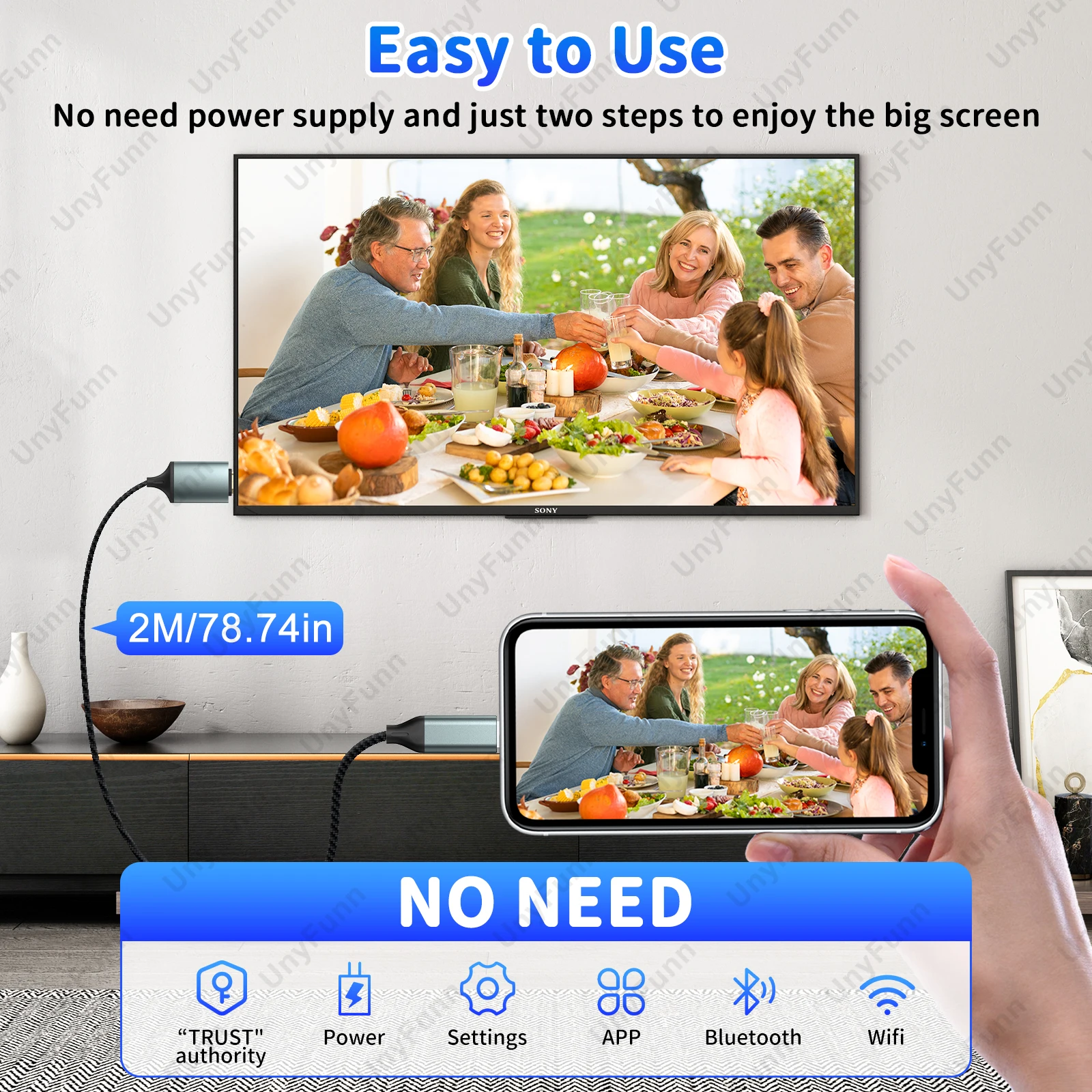 HDTV Cable for iPhone to TV, Lighting to HDTV Adapter Connector for iPhone14, 13, 12, 11 TV Output with 1080P HD Display 6.56FT image 2