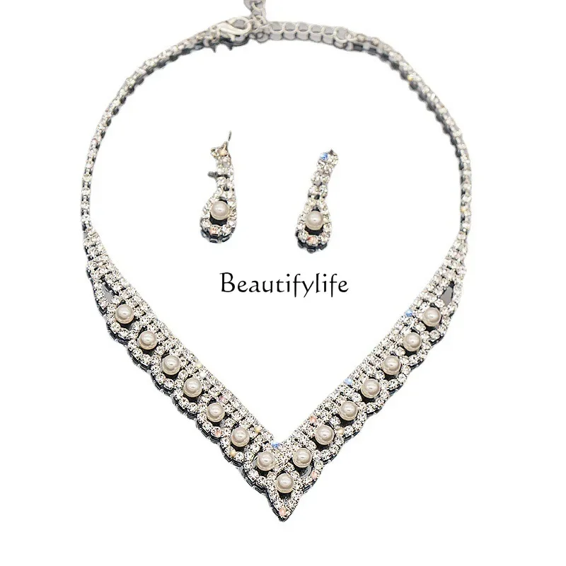 Exquisite bridal wedding accessories, simple versatile pearl rhinestone chain earrings combination 2-piece set