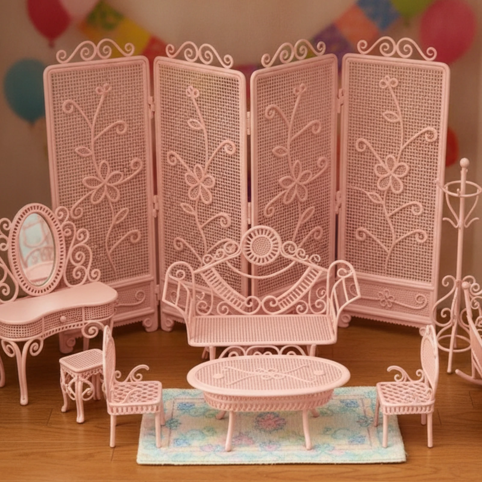 9 Pieces Miniature Furniture Collection Scrollwork Miniature Vanity Table with Mirror Vanity with Stool Metal Wire