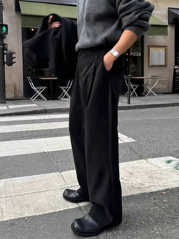 

2025 зимние мужские утепленные костюмные брюки в корейском стиле, плиссированные дизайнерские однотонные повседневные свободные прямые мужские брюки