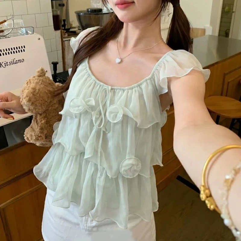 

White Ruffles V-Neck Summer Blouses Women's Tops Casual Short Sleeve Y2k Clothes Korean Slim Sweet Ladies Purple Chiffon Shirts