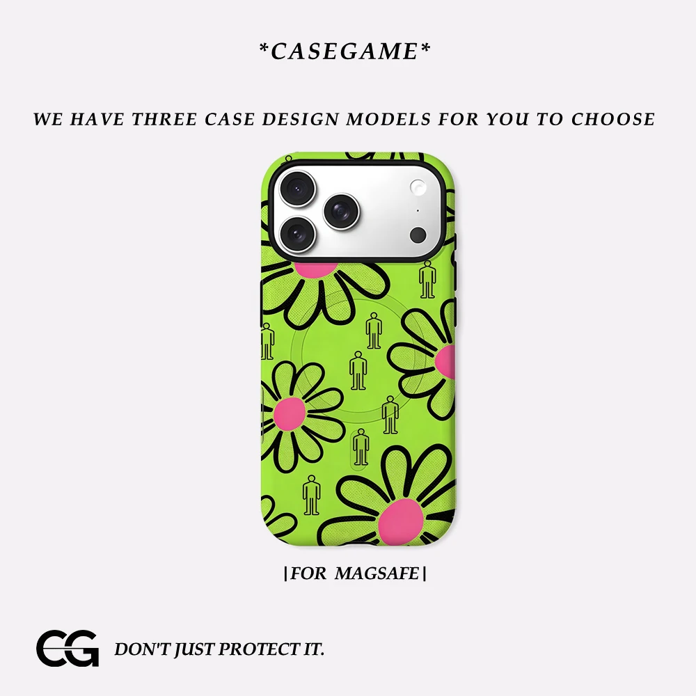Casegame Matte Bumper für MagSafe Hülle für iPhone 17 16 15 14 Plus 13 Pro Max Stoßfeste Harte PC Neon Grün Gänseblümchen Schutzhülle