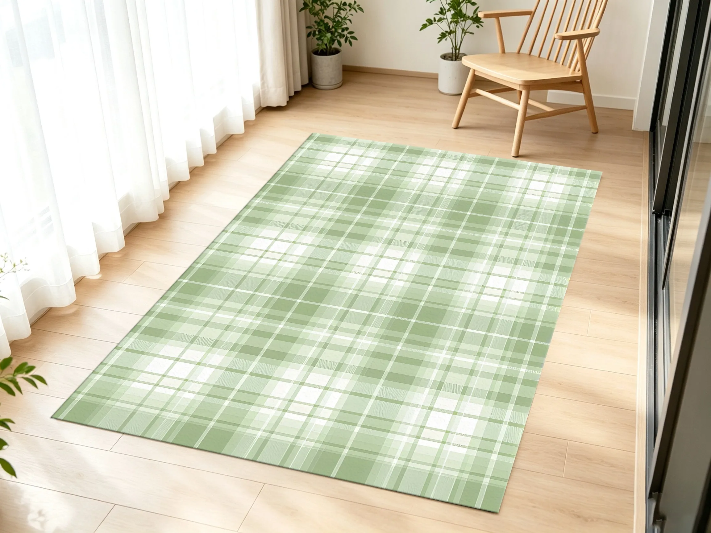 Green White Checkered Velvet Rug, Clean Instagram-Worthy Spring Decor for Bedroom, Living Room & Relaxation Area