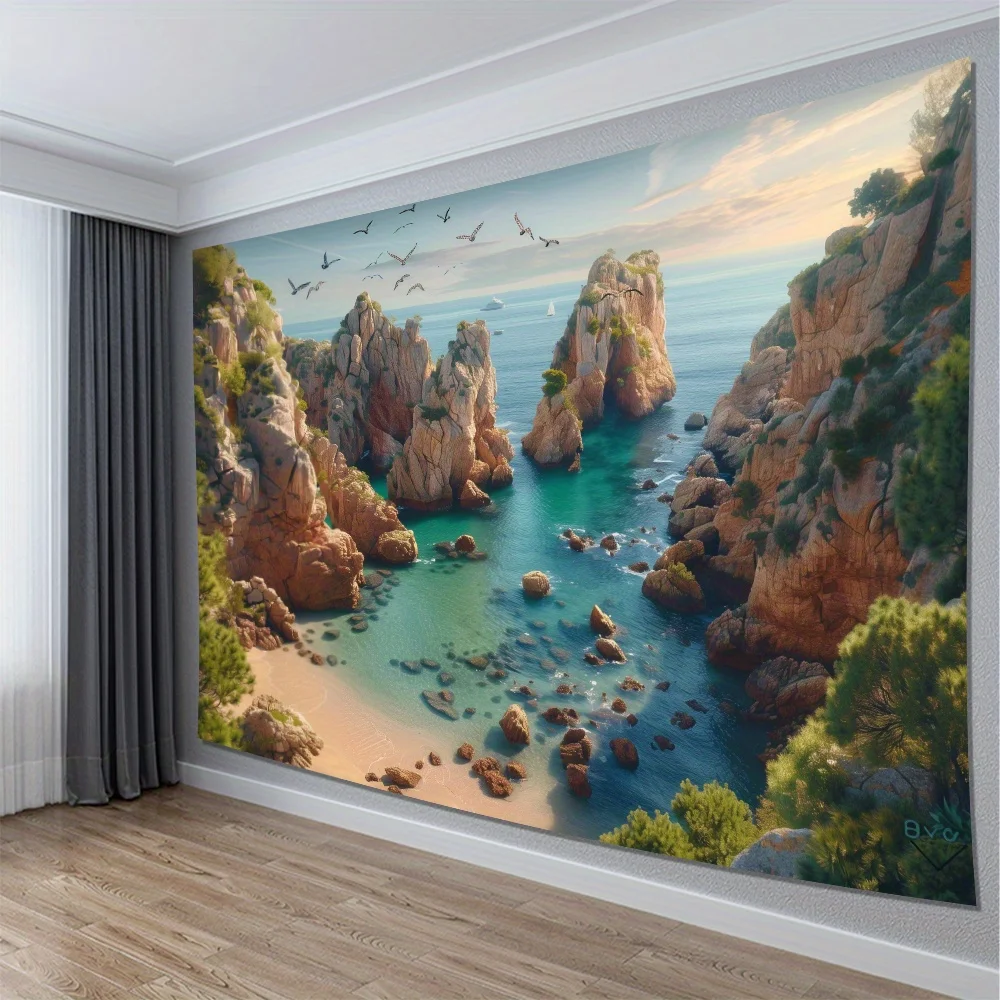 Cliff Coast Hidden Beach Tapestry 2D Digital Print Polyester Wall Hanging Living Room Bedroom Office Decor with Hooks