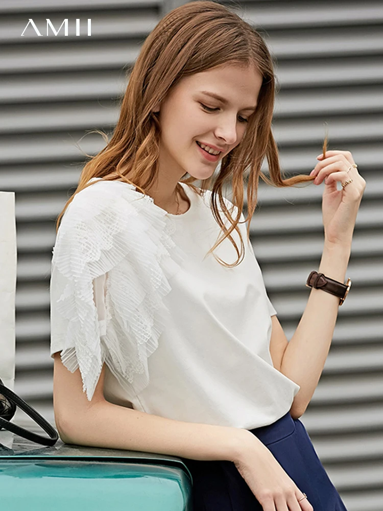 AMII Minimalism Patchwork Lace T-shirt Loose Cotton Chic 2023 Summer New Top Women Short Sleeves Casual French Tees 12332018