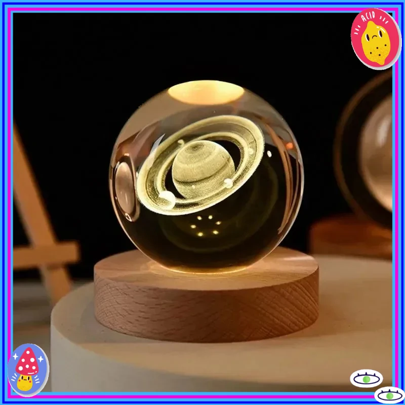 كرة كريستال ديكور النظام الشمسي كرة كريستال 6 سم - كواكب علم الفلك ثلاثية الأبعاد مع ضوء ليلي ناعم، تتضمن القمر ورائد الفضاء