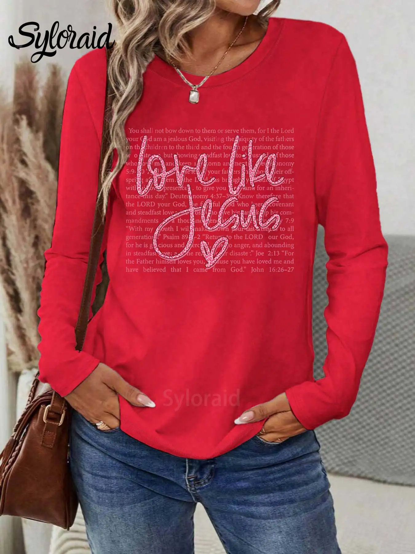 Women's Long Sleeve T Shirt "Love Like Jesus" Valentine's Day Print T Shirt Fashion Round Neck Casual Top