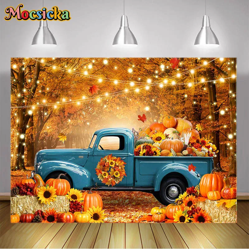 

Harvest Truck Backdrop Fall Forest Maple Leaves Photography Background Pumpkin Thanksgiving Baby Shower Birthday Party Supplies