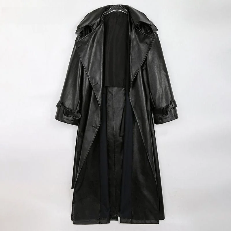 Spring Autumn Long Oversized Black Pu Leather Trench Coat for Women Belt Double Breasted Loose Casual Maxi Overcoat