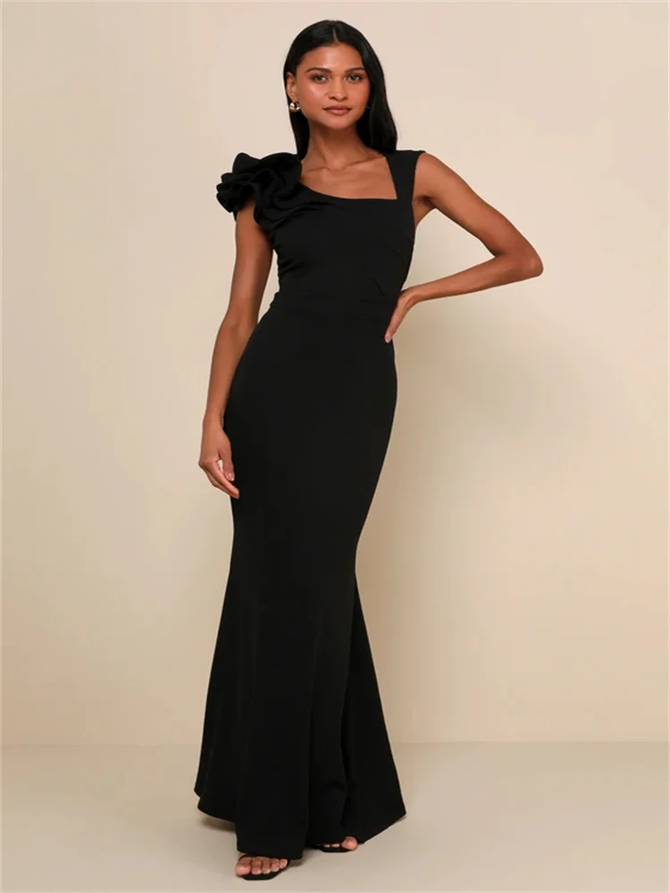 

New Arrival Square Neckline With Ruffled Satin Mermaid Evening Dress Elegant Back Zipper Floor Length Sweep Train Gown For Women