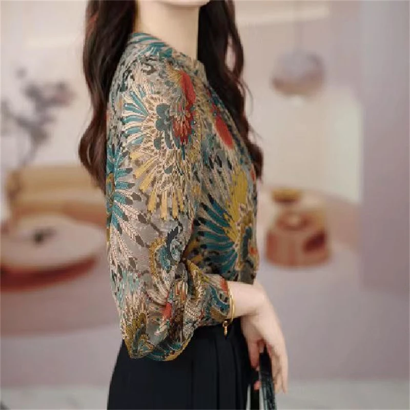 Women\'s Stylish Vintage Print Ruffled Chiffon Blouse Office Lady Commute Casual Stand Collar Shirt Long Sleeve Loose Tops Blusas