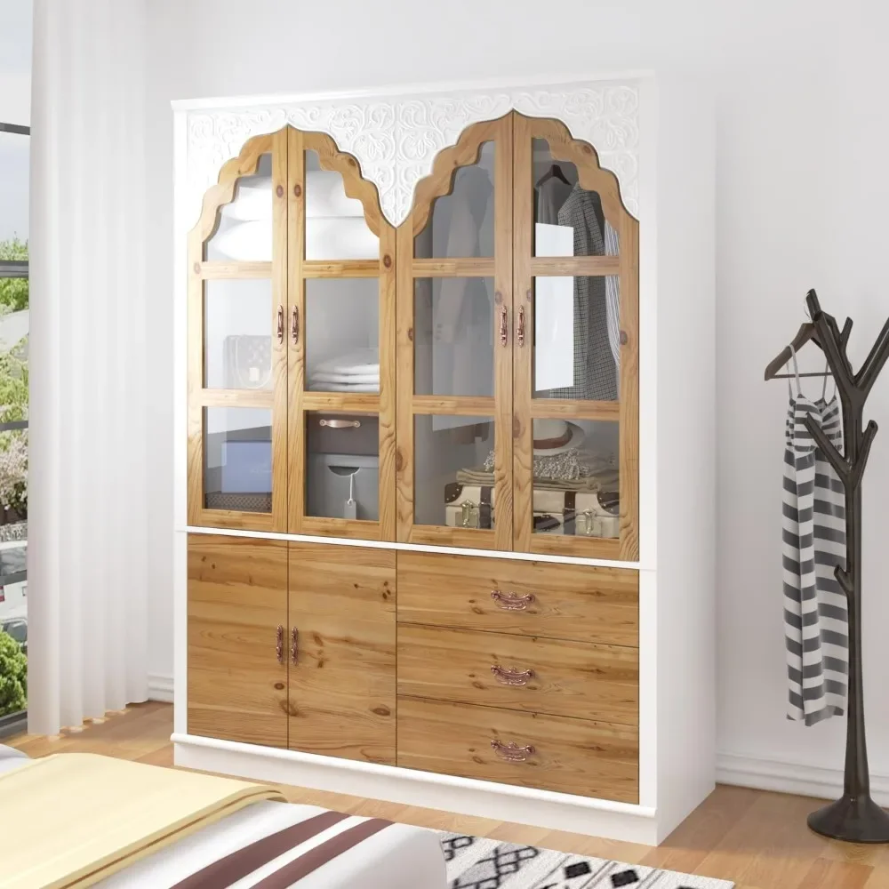 

75.7" H Wardrobe Armoire Closet with 4 Carved Glass Doors, 3 Drawers, 6 Compartments & Hanging Bar, Closet Storage Cabinet