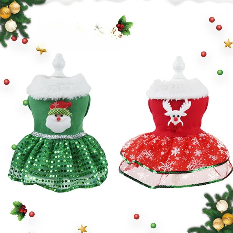 Christmas Pet Dog Dress Santa & Reindeer Design Festive Apparel with Furry Collar for Small Medium Dogs Holiday Outfit