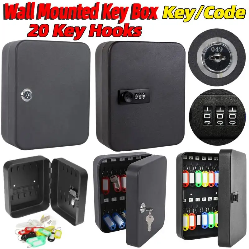 صندوق قفل تخزين المفاتيح مع 20 خطافًا للمفاتيح، خزانة مفاتيح مثبتة على الحائط، منظم حامل مفاتيح للتخزين الآمن مع مفتاح/رمز