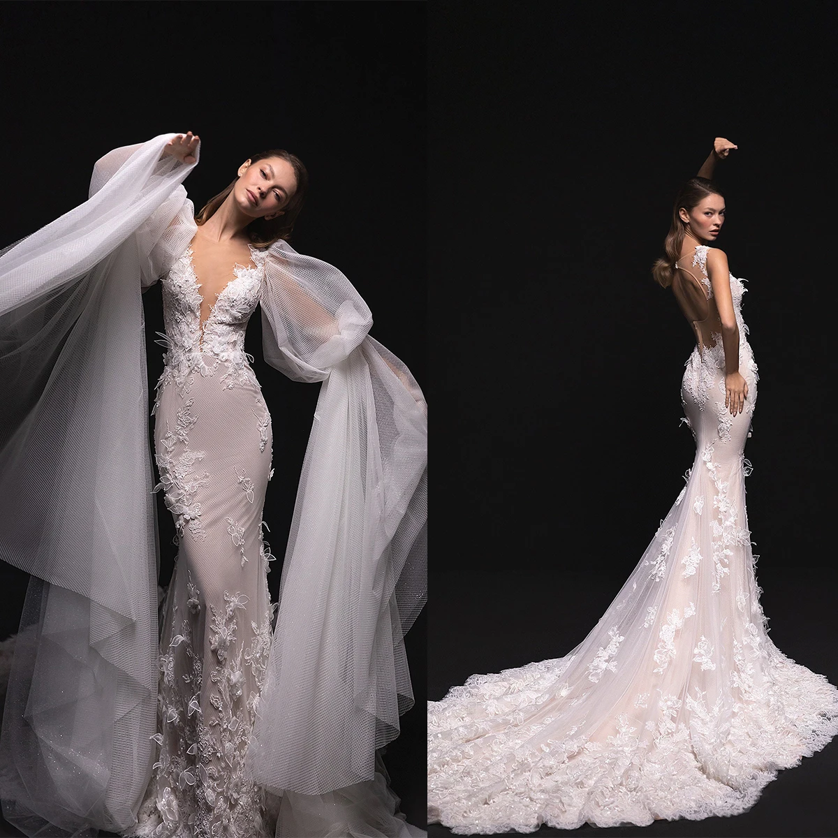 Luxury Mermaid Wedding Dresses Lone Detachable Sleeves Appliques Bridal Gowns Custom Made Backless Sweep Train Robe De Mariee