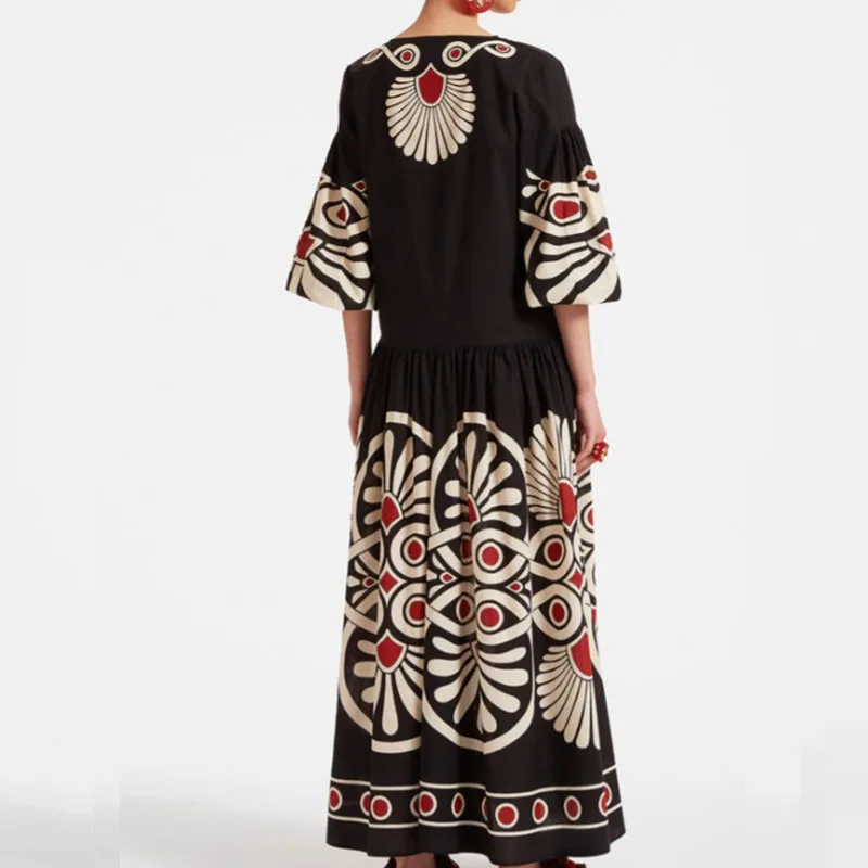 

Fashion V Neck Bandage Loose Women Dress Spring Summer Casual Pattern Printed Robe Dress Vintage Long Sleeved Bohemian Dresses