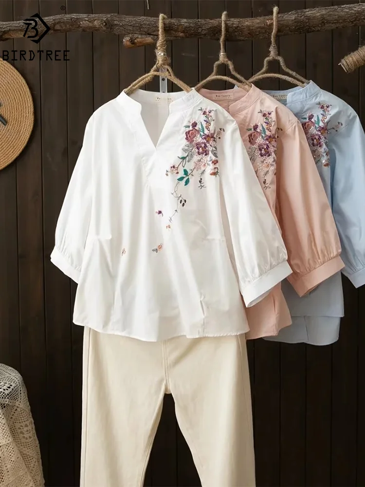 

Spring Cotton Casual Retro Shirts Women V Necks Embroidery Blouses Girl 3/4 Sleeve Fashion Loose Tops 2024 Summer T45409QM