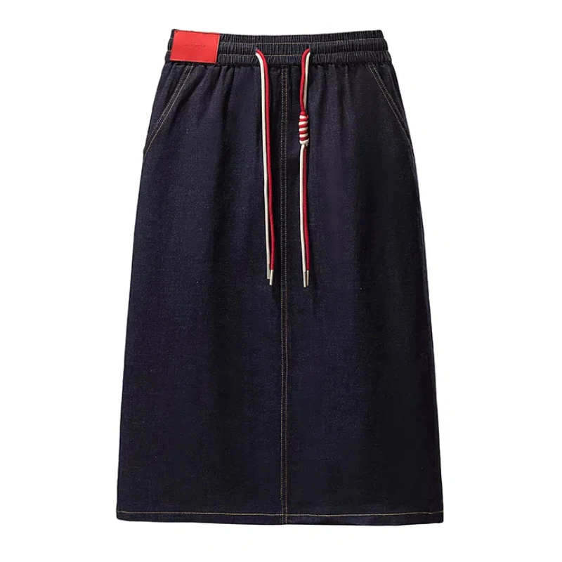 

2025 spring medium-length denim skirt elastic waist elastic and slit