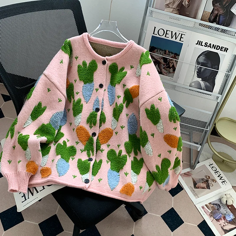 Lazy style loose outer wear carrot jacquard sweater cardigan for women autumn and winter 2024 new age-reducing sweater jacket