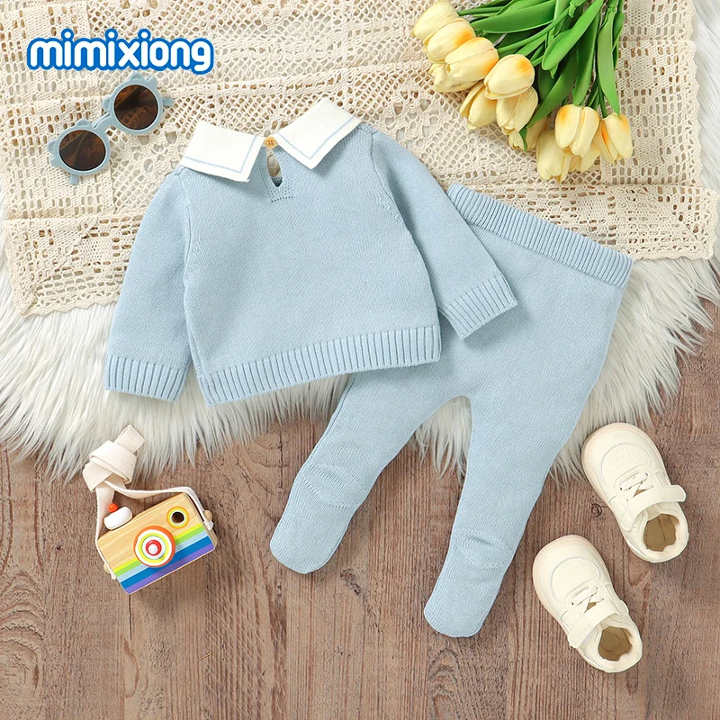 Baby Boys Clothes Sets Winter Blue Turtle Neck Long Sleeve Knitted Newborn Sweaters Pullovers+Trousers Outfits 2pcs Infant Suits