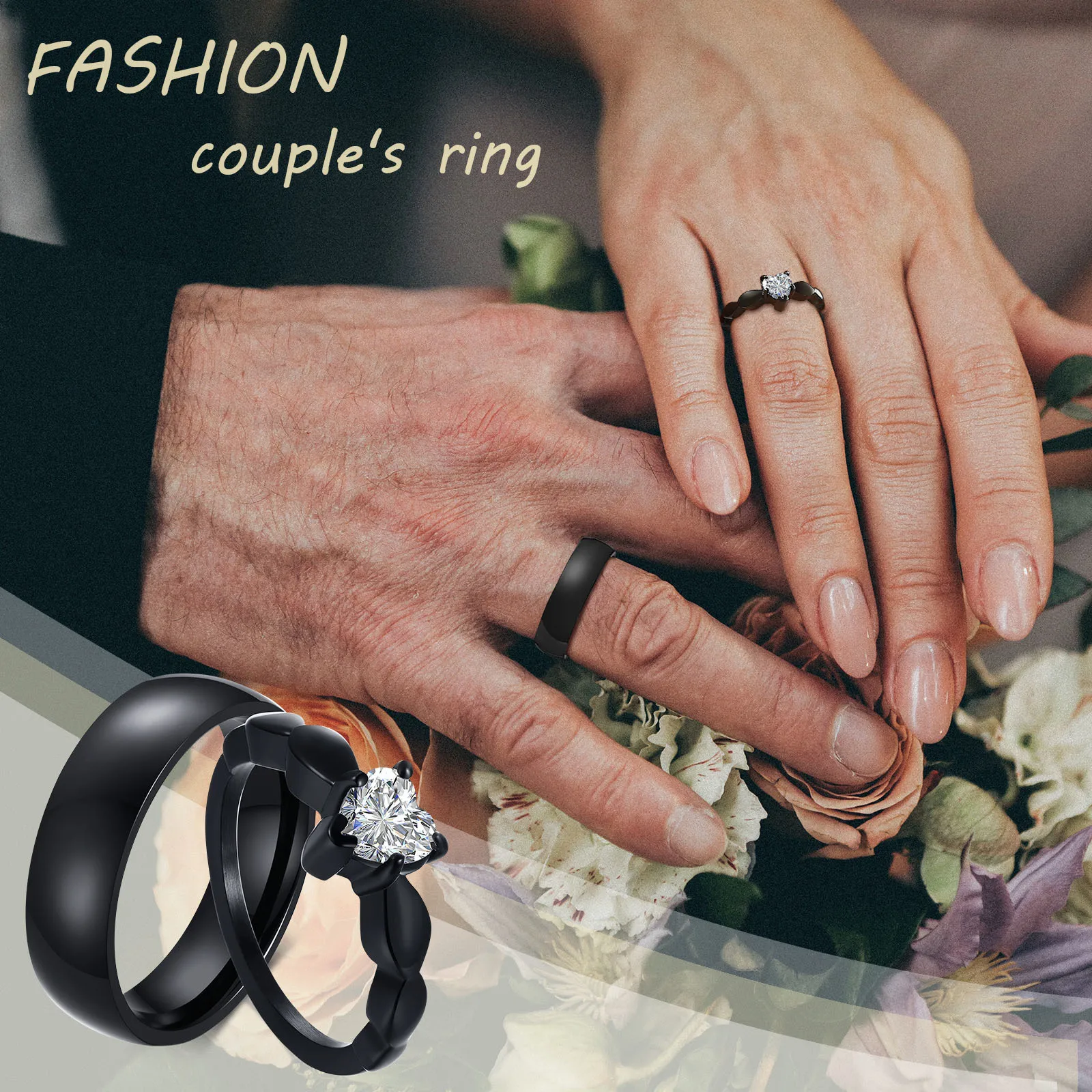 Joyería Anillos De Matrimonio Negro Anillos De Boda De Pareja Con Corazón, Acero Inoxidable Negro, CZ